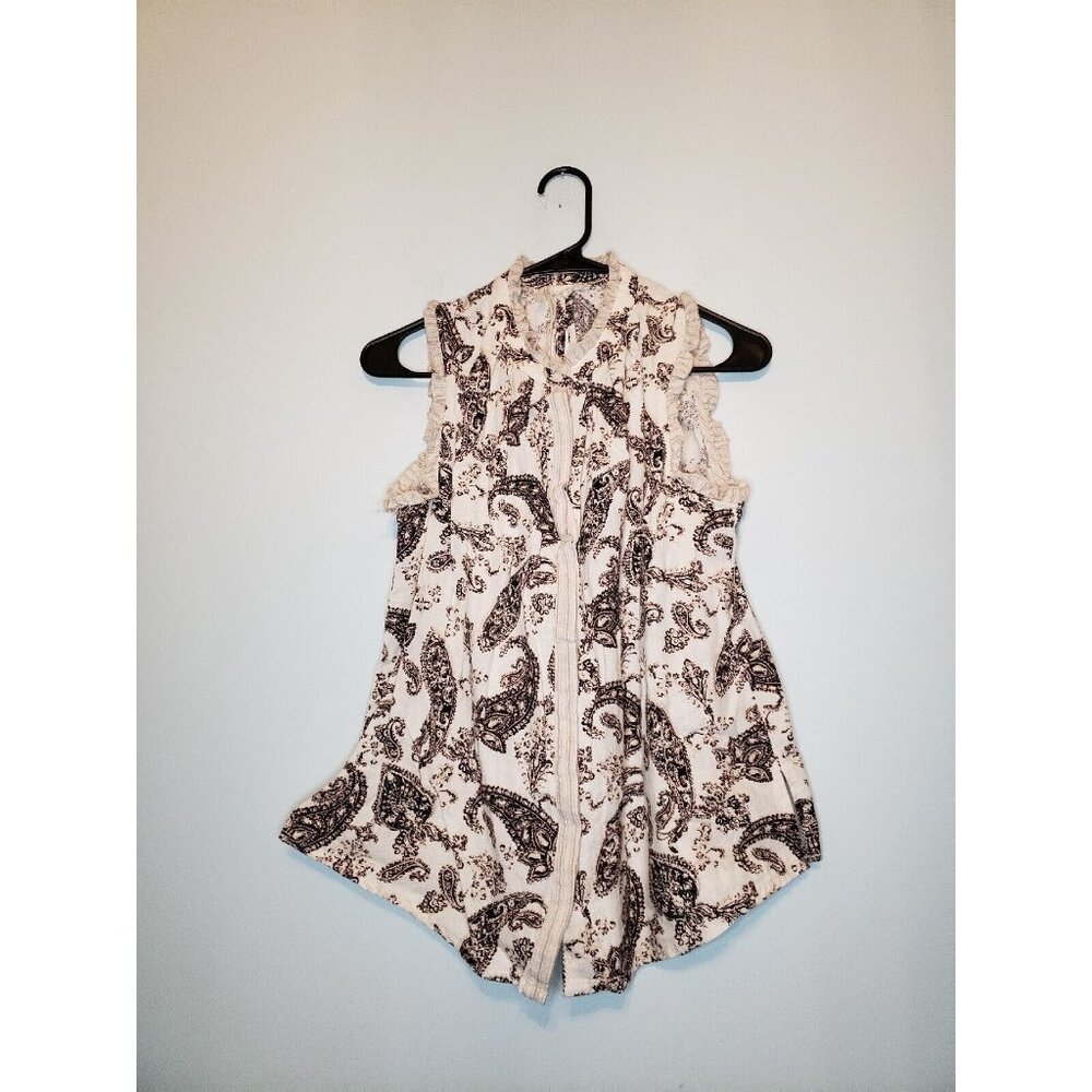 Mystree Womens S Sleeveless Top Button Front Cream Paisley Linen Rayon Ruffle